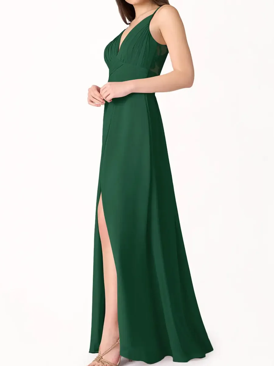 2025 Dark Green V Neck Chiffon Maxi Dress with Slit for Bridesmaids