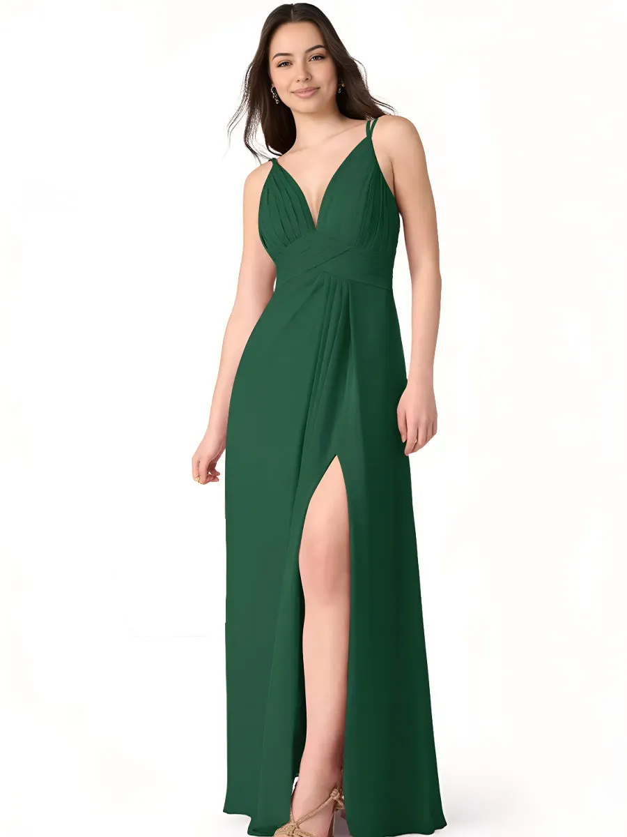 2025 Dark Green V Neck Chiffon Maxi Dress with Slit for Bridesmaids