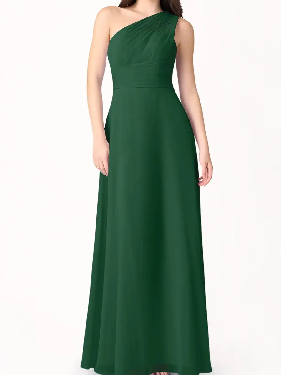 2025 Emerald Green One Shoulder Chiffon Bridesmaid Maxi Dress