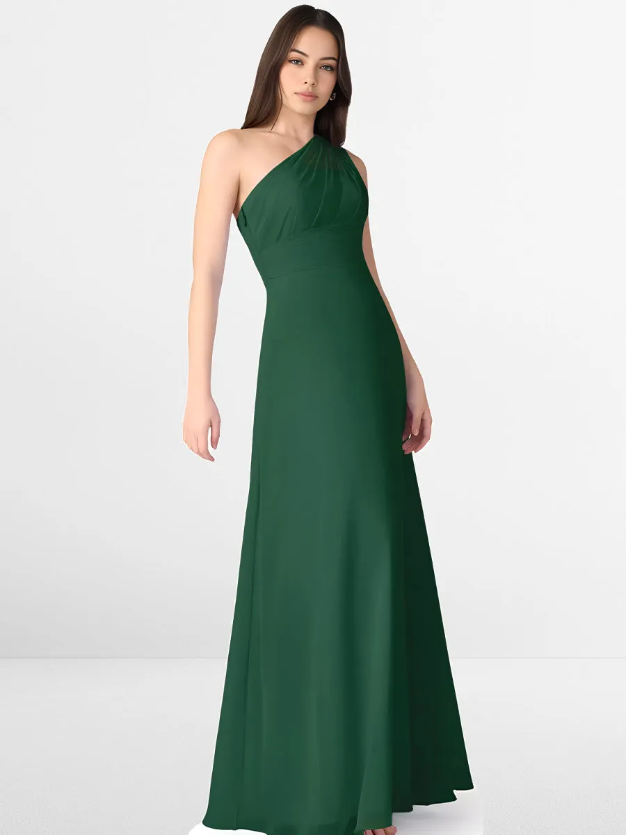 2025 Emerald Green One Shoulder Chiffon Bridesmaid Maxi Dress