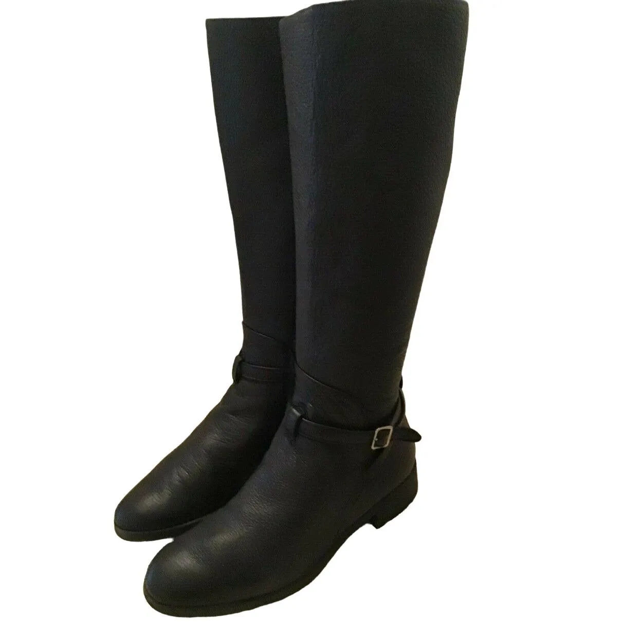Bally Switzerland, size 9.5, black leather riding boots with chrome hardware, side zippers, almond toes and 1.5" block heels