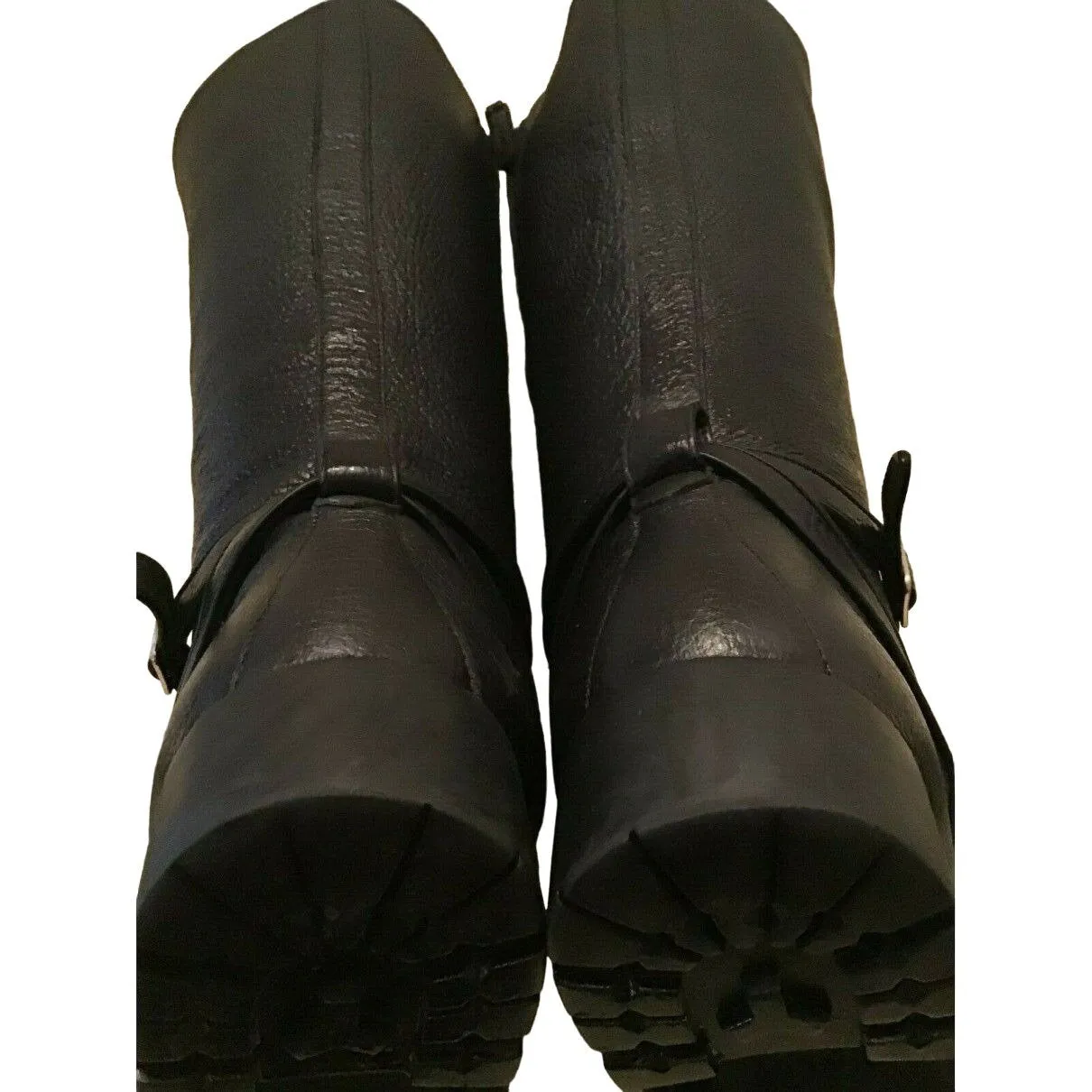 Bally Switzerland, size 9.5, black leather riding boots with chrome hardware, side zippers, almond toes and 1.5" block heels