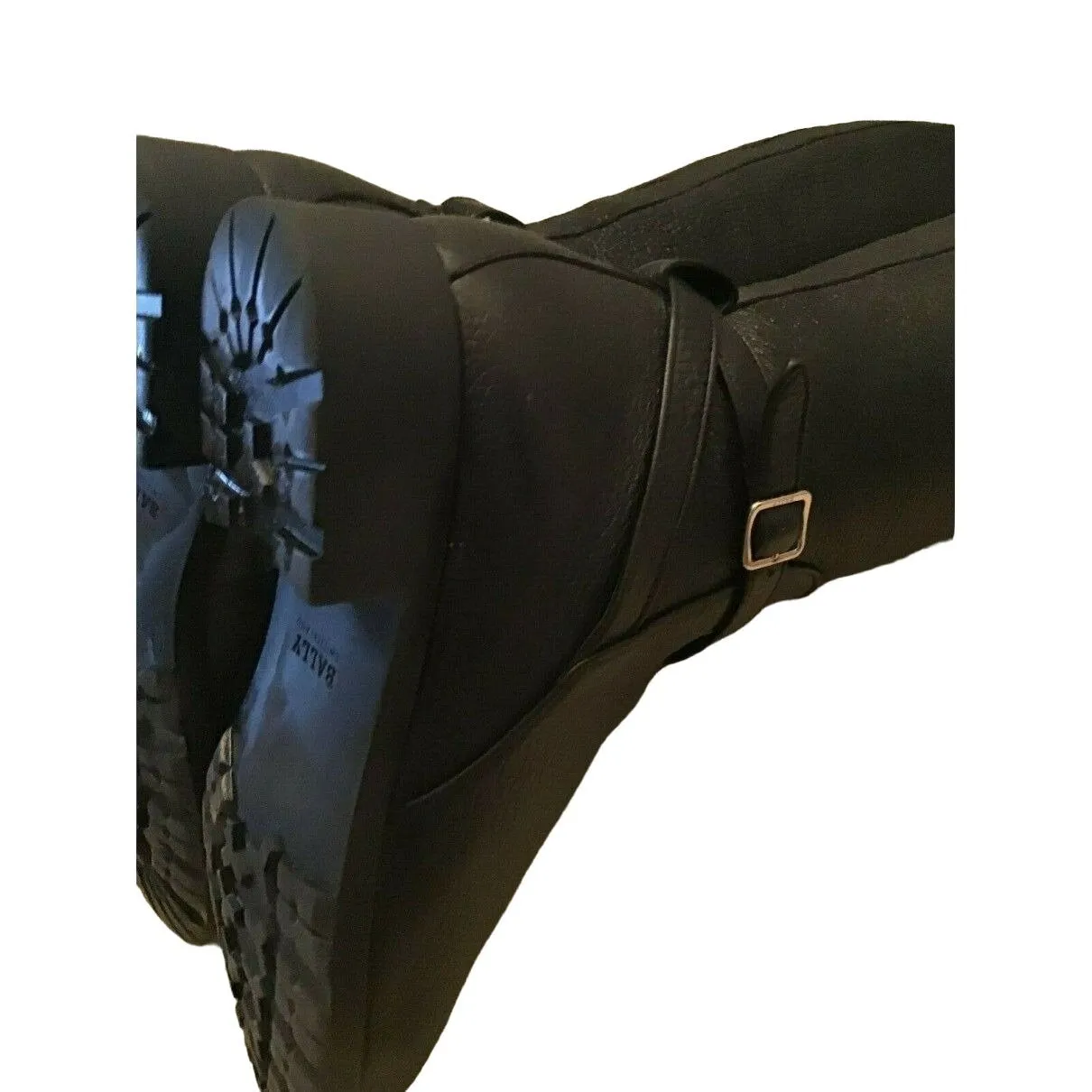 Bally Switzerland, size 9.5, black leather riding boots with chrome hardware, side zippers, almond toes and 1.5" block heels
