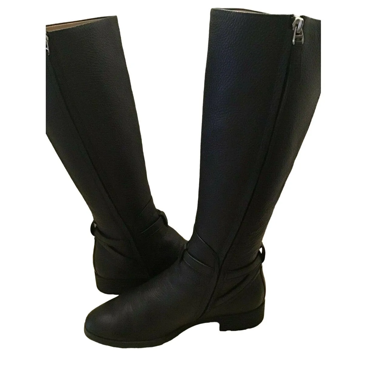 Bally Switzerland, size 9.5, black leather riding boots with chrome hardware, side zippers, almond toes and 1.5" block heels