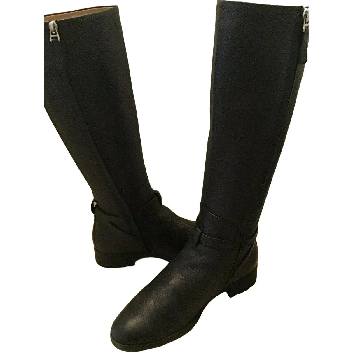 Bally Switzerland, size 9.5, black leather riding boots with chrome hardware, side zippers, almond toes and 1.5" block heels