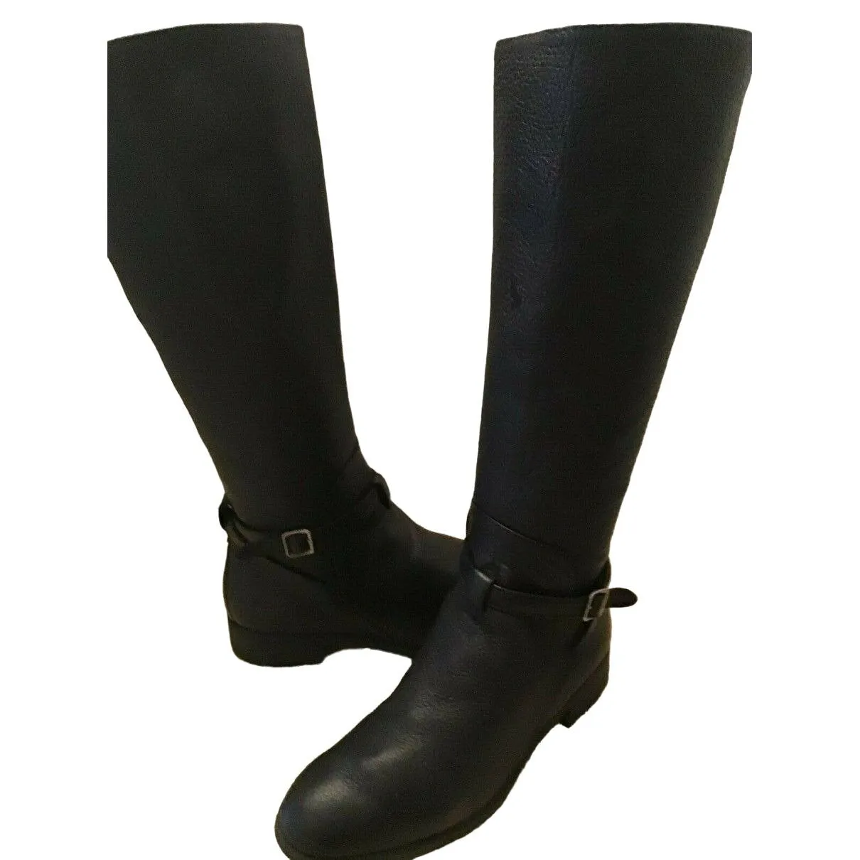 Bally Switzerland, size 9.5, black leather riding boots with chrome hardware, side zippers, almond toes and 1.5" block heels