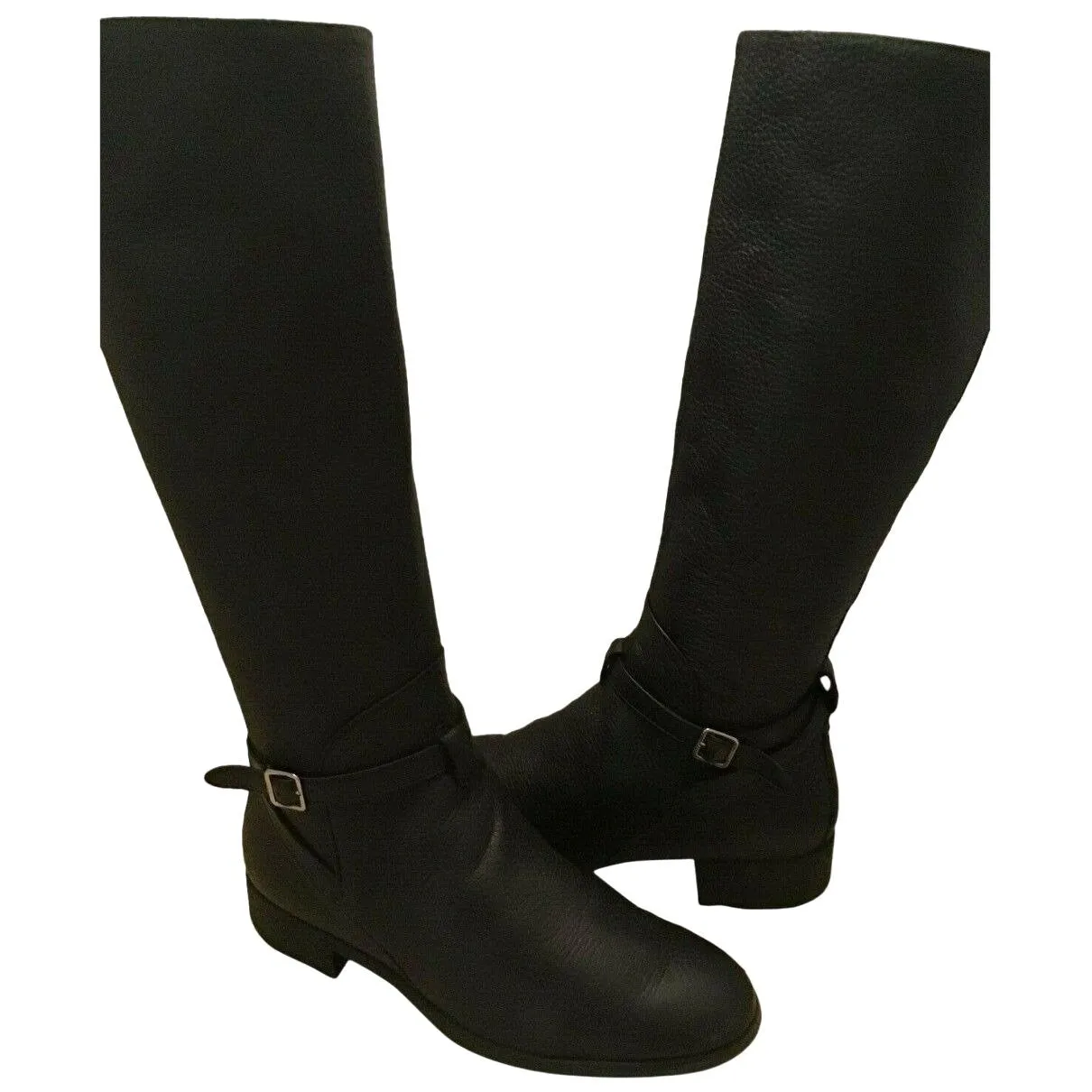 Bally Switzerland, size 9.5, black leather riding boots with chrome hardware, side zippers, almond toes and 1.5" block heels