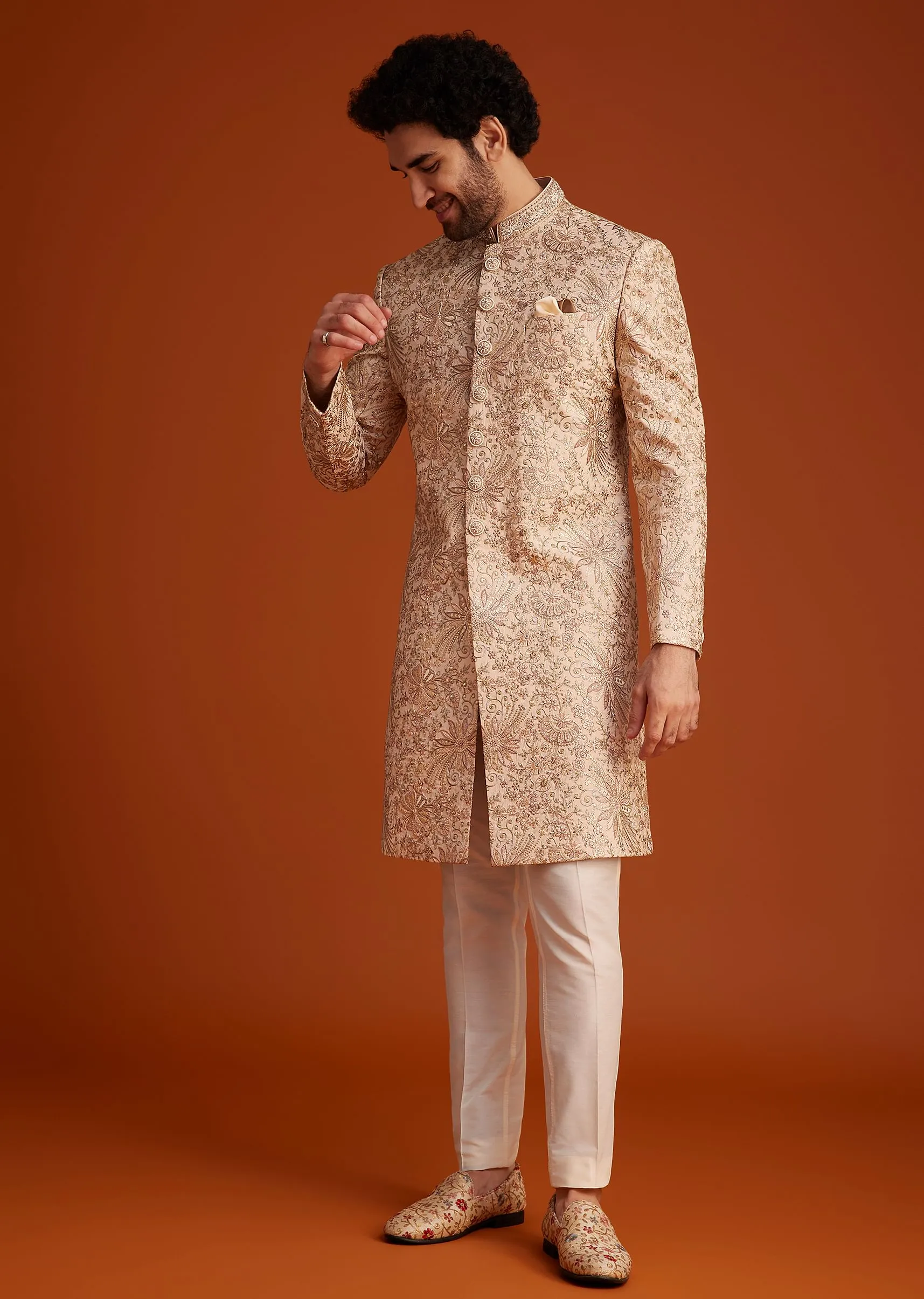 Beige Embroidered Sherwani With Detailed Motifs