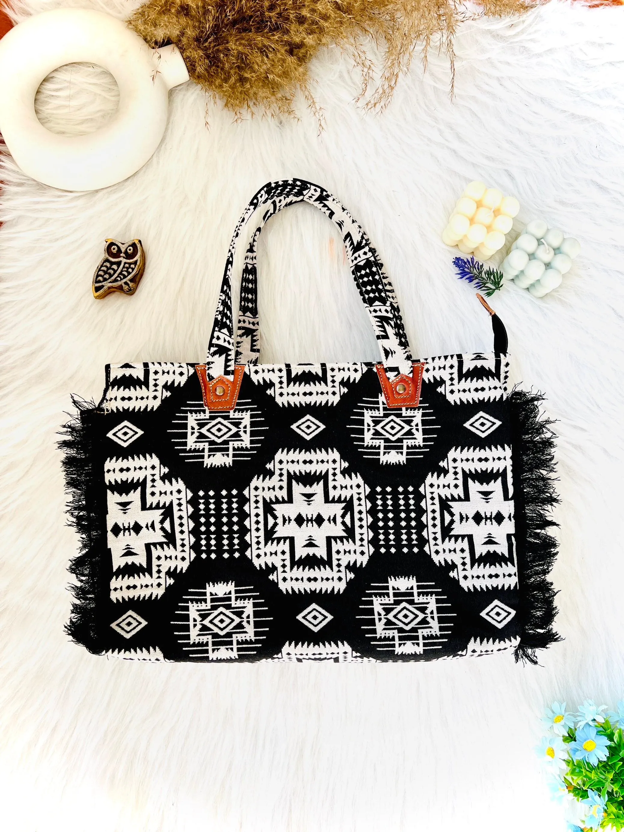 Black Boho Fringe Laptop Bag