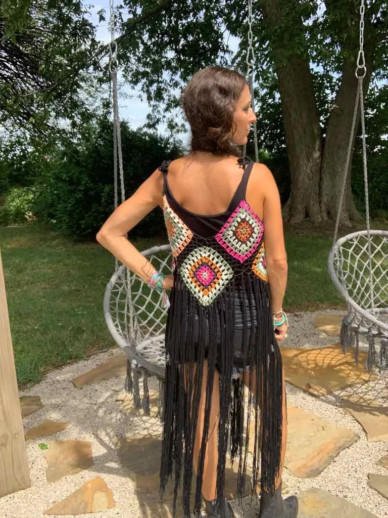 Black Hippie Crochet Fringe Duster