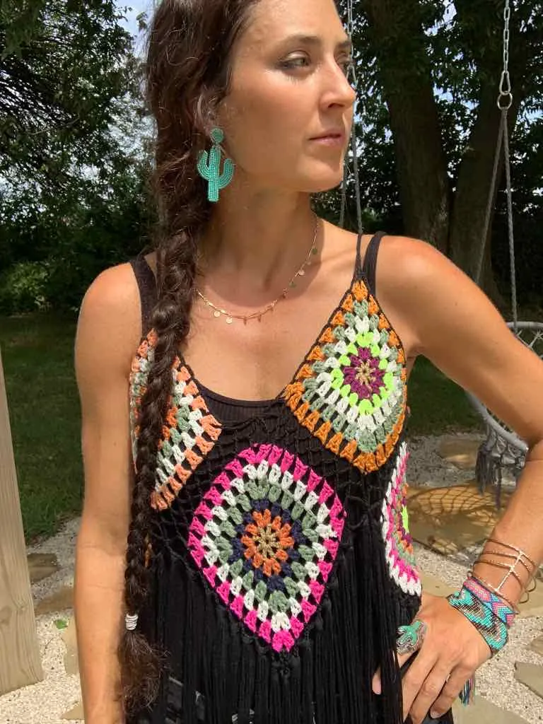 Black Hippie Crochet Fringe Duster