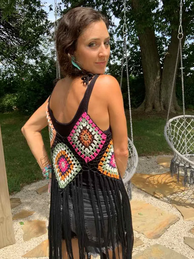 Black Hippie Crochet Fringe Duster