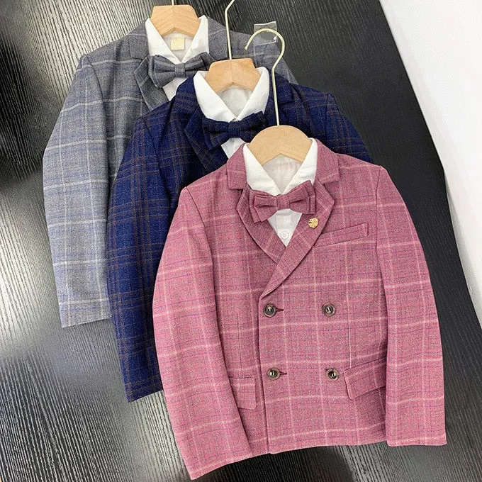 Boys Formal Dress Suit Set Autumn Children Plaid Double Breasted Blazer Pants 2Pcs Clothes Set Kids Wedding Party Costume