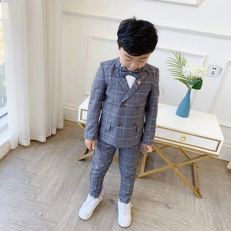 Boys Formal Dress Suit Set Autumn Children Plaid Double Breasted Blazer Pants 2Pcs Clothes Set Kids Wedding Party Costume
