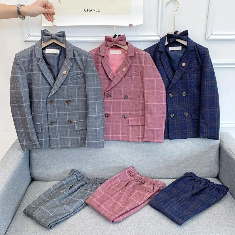 Boys Formal Dress Suit Set Autumn Children Plaid Double Breasted Blazer Pants 2Pcs Clothes Set Kids Wedding Party Costume