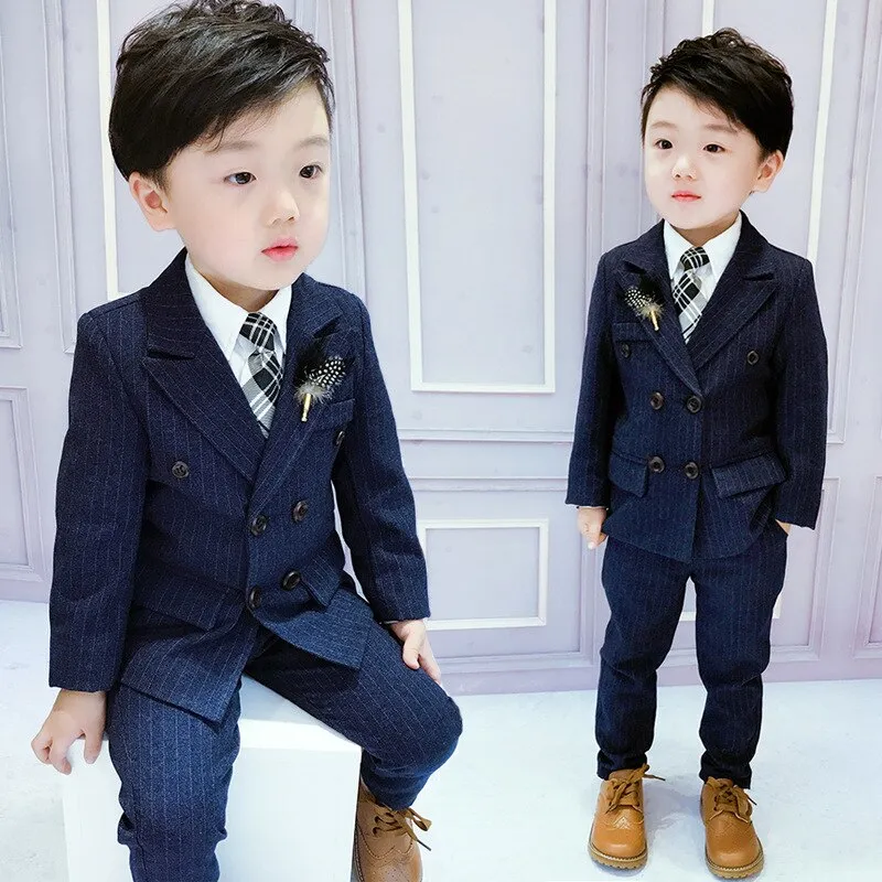 Boys Formal Dress Suit Set Autumn Children Plaid Double Breasted Blazer Pants 2Pcs Clothes Set Kids Wedding Party Costume