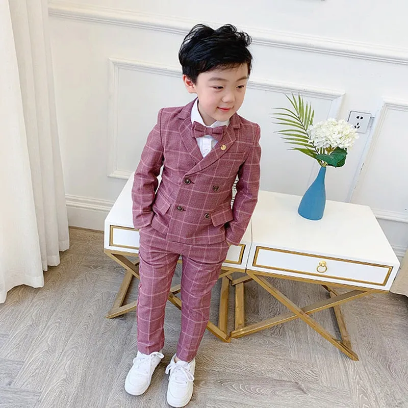 Boys Formal Dress Suit Set Autumn Children Plaid Double Breasted Blazer Pants 2Pcs Clothes Set Kids Wedding Party Costume