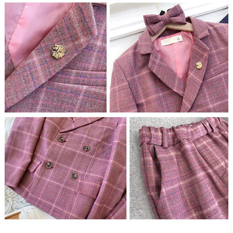 Boys Formal Dress Suit Set Autumn Children Plaid Double Breasted Blazer Pants 2Pcs Clothes Set Kids Wedding Party Costume