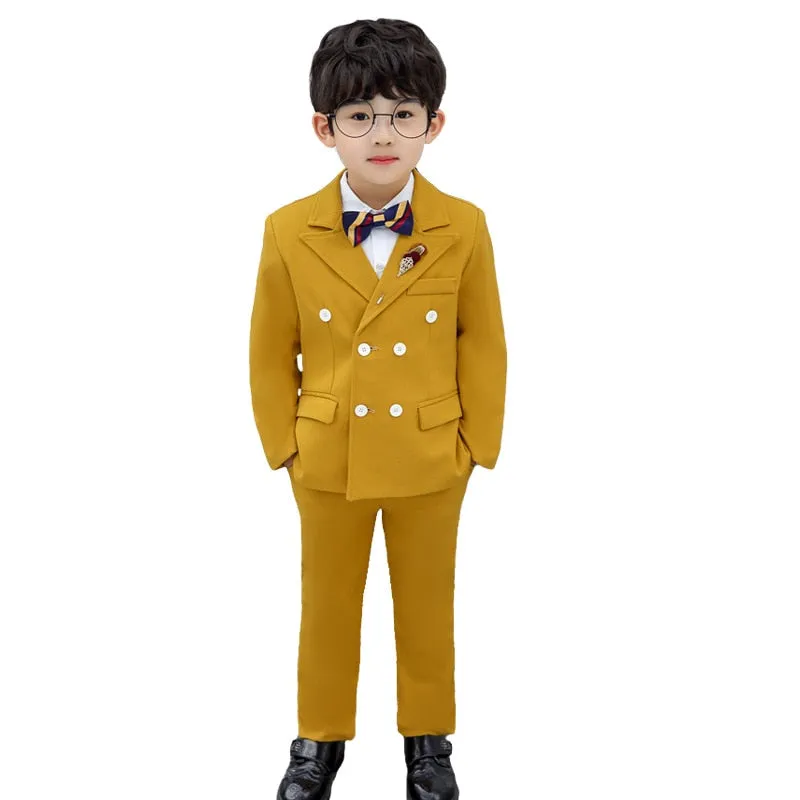 Boys Formal Dress Suit Set Autumn Children Plaid Double Breasted Blazer Pants 2Pcs Clothes Set Kids Wedding Party Costume