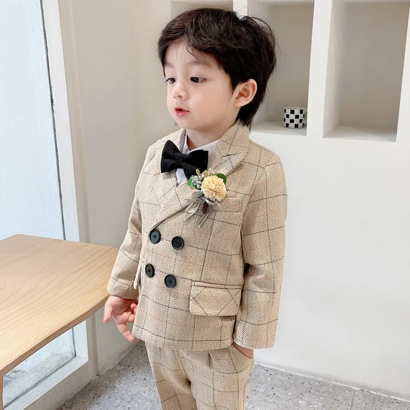 Boys Formal Dress Suit Set Autumn Children Plaid Double Breasted Blazer Pants 2Pcs Clothes Set Kids Wedding Party Costume