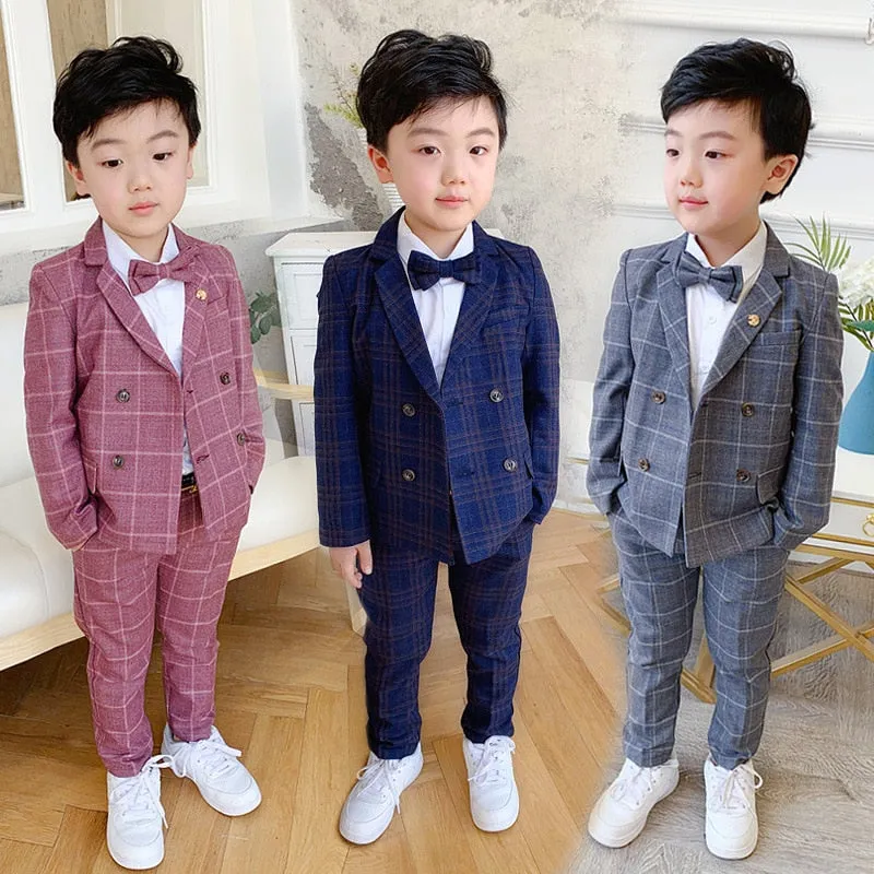 Boys Formal Dress Suit Set Autumn Children Plaid Double Breasted Blazer Pants 2Pcs Clothes Set Kids Wedding Party Costume