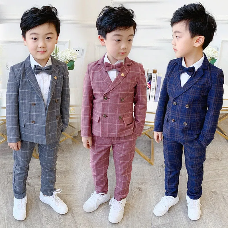 Boys Formal Dress Suit Set Autumn Children Plaid Double Breasted Blazer Pants 2Pcs Clothes Set Kids Wedding Party Costume