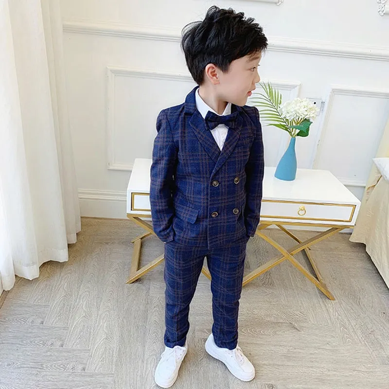 Boys Formal Dress Suit Set Autumn Children Plaid Double Breasted Blazer Pants 2Pcs Clothes Set Kids Wedding Party Costume