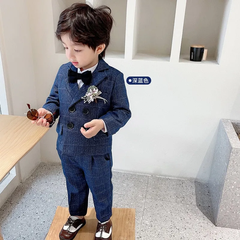 Boys Formal Dress Suit Set Autumn Children Plaid Double Breasted Blazer Pants 2Pcs Clothes Set Kids Wedding Party Costume