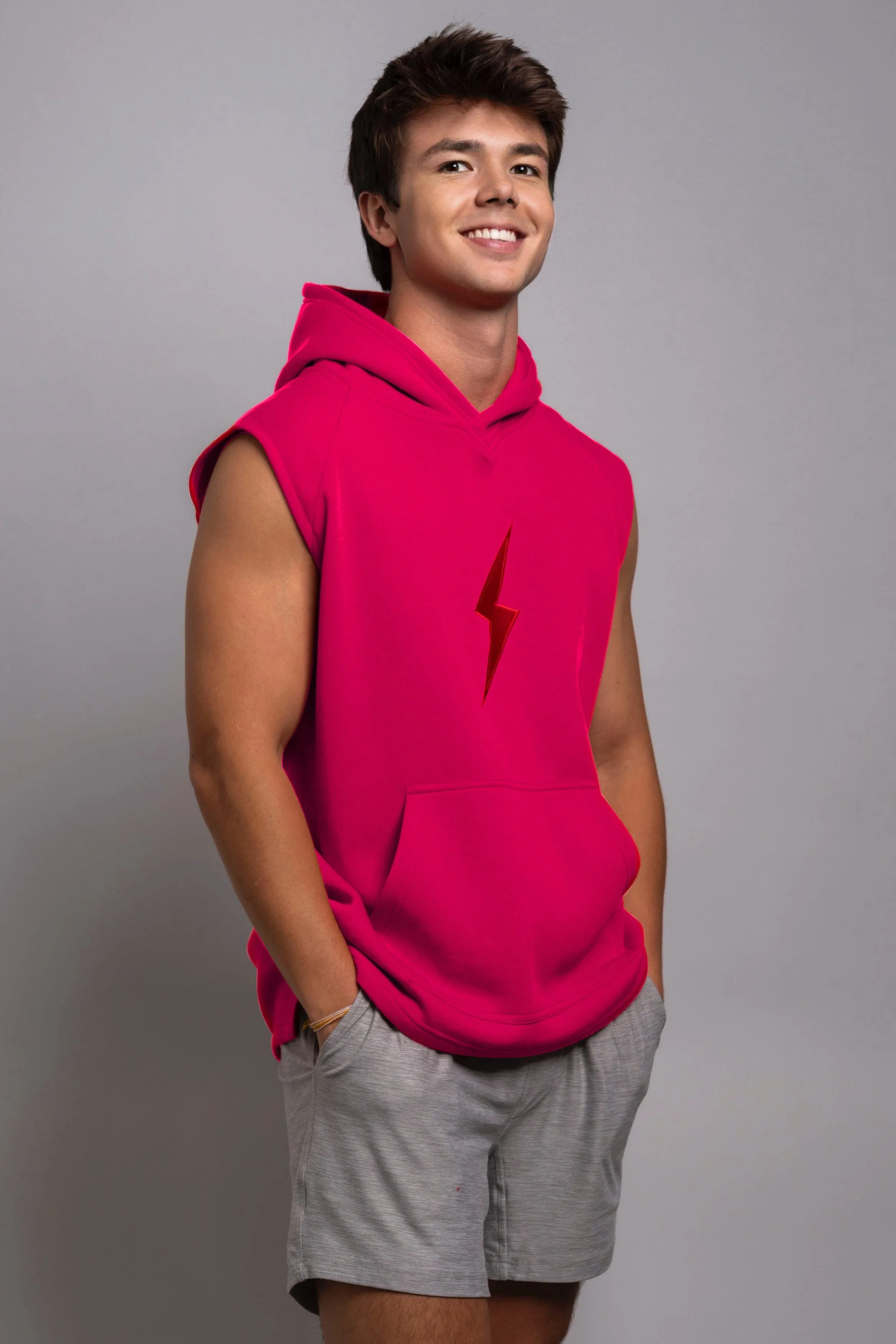 BRUCE BOLT "BOLT" Sleeveless Hoodie - PINK w/ Red Bolt
