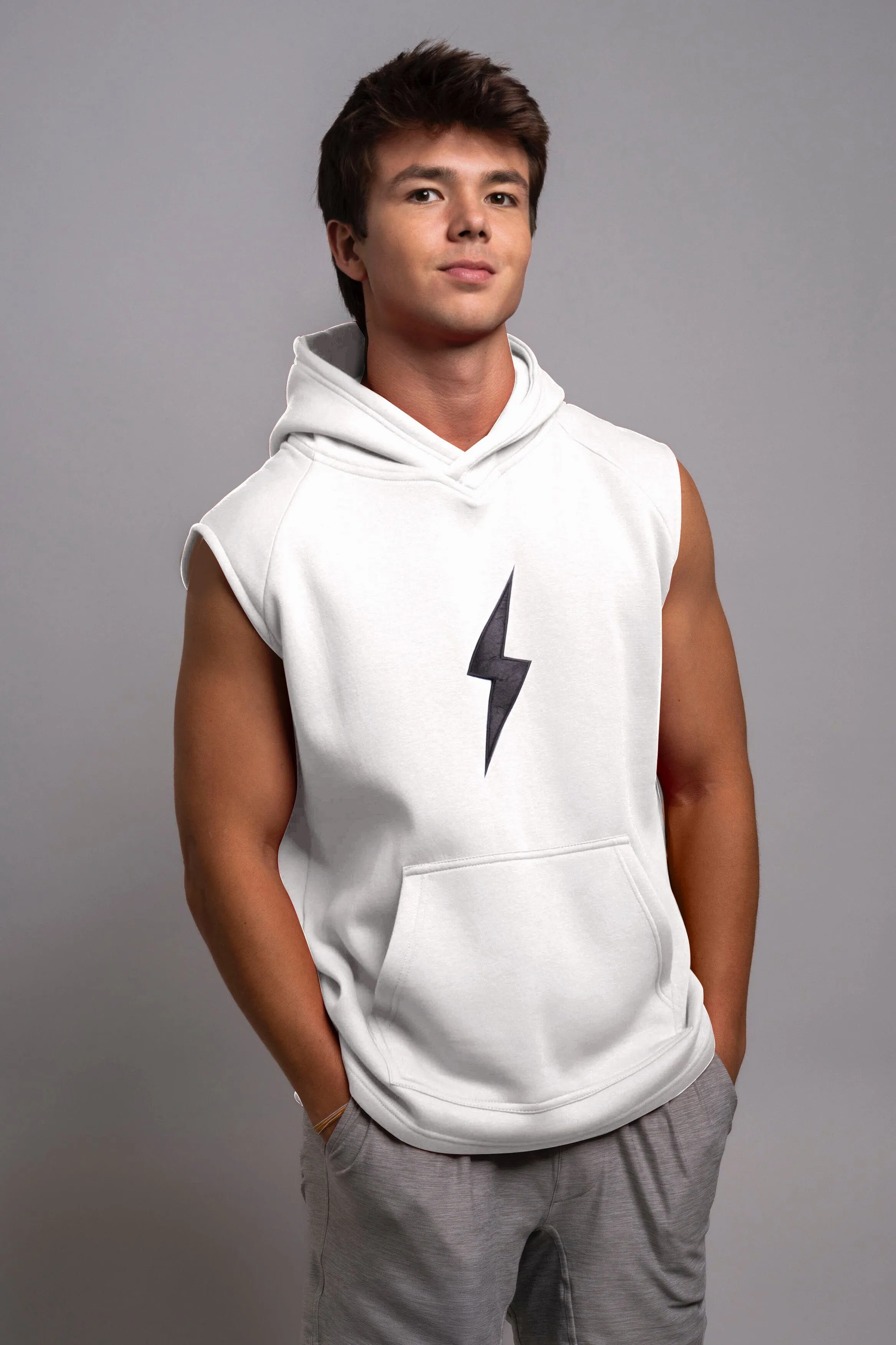 BRUCE BOLT "BOLT" Sleeveless Hoodie - WHITE w/ White Bolt