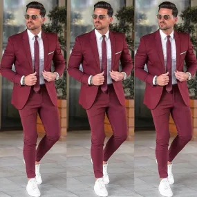 Elegant Custom Burgundy Men Suit Blazers For Party Prom 2 Pieces Jacket   Pants Groom Wedding Suits Notched Lapel Mens Tuxedos