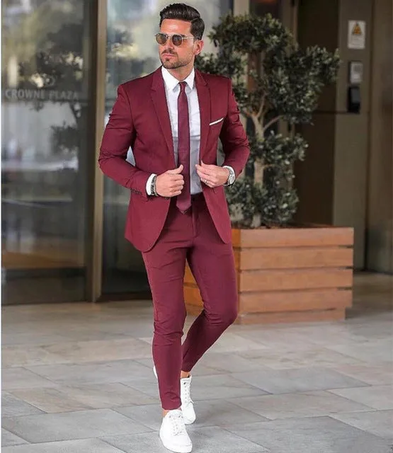 Elegant Custom Burgundy Men Suit Blazers For Party Prom 2 Pieces Jacket   Pants Groom Wedding Suits Notched Lapel Mens Tuxedos