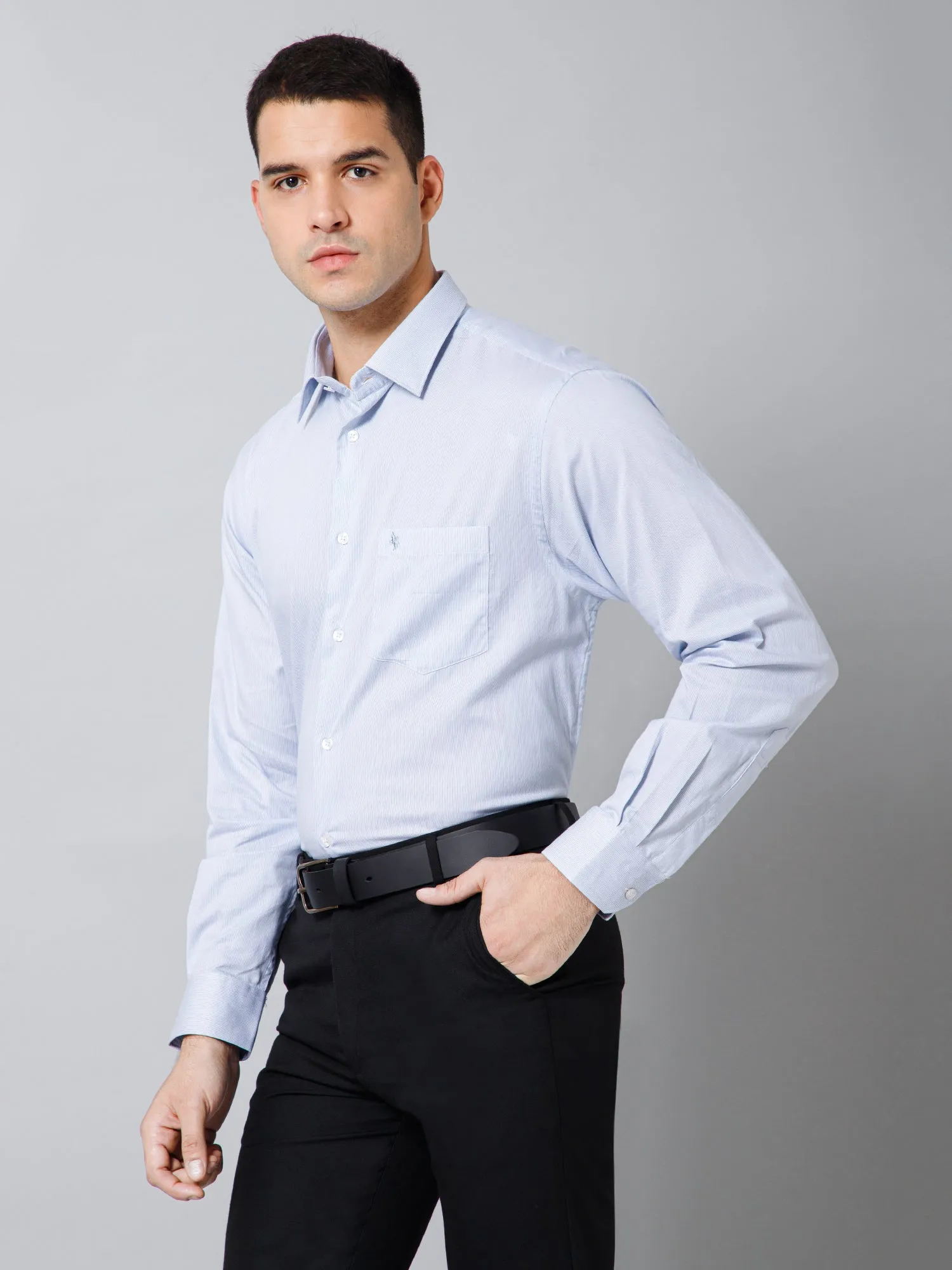 Men's Light Blue Formal Pin Stripe Full Sleeve Shirt