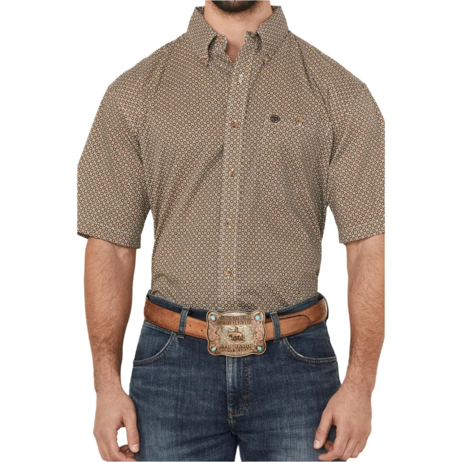 Men's Wrangler Geo Print Short Sleeve Button-Down Stretch Western Shirt 112366982