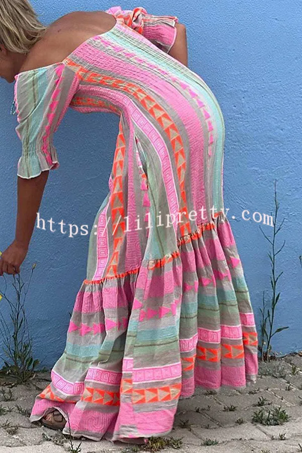 Music Festival Geometric Color Block Pocketed Smocked Boho Maxi Dress