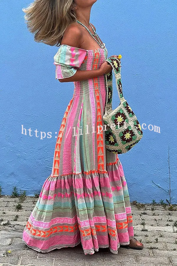 Music Festival Geometric Color Block Pocketed Smocked Boho Maxi Dress