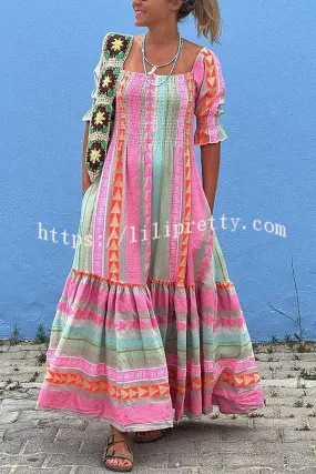 Music Festival Geometric Color Block Pocketed Smocked Boho Maxi Dress