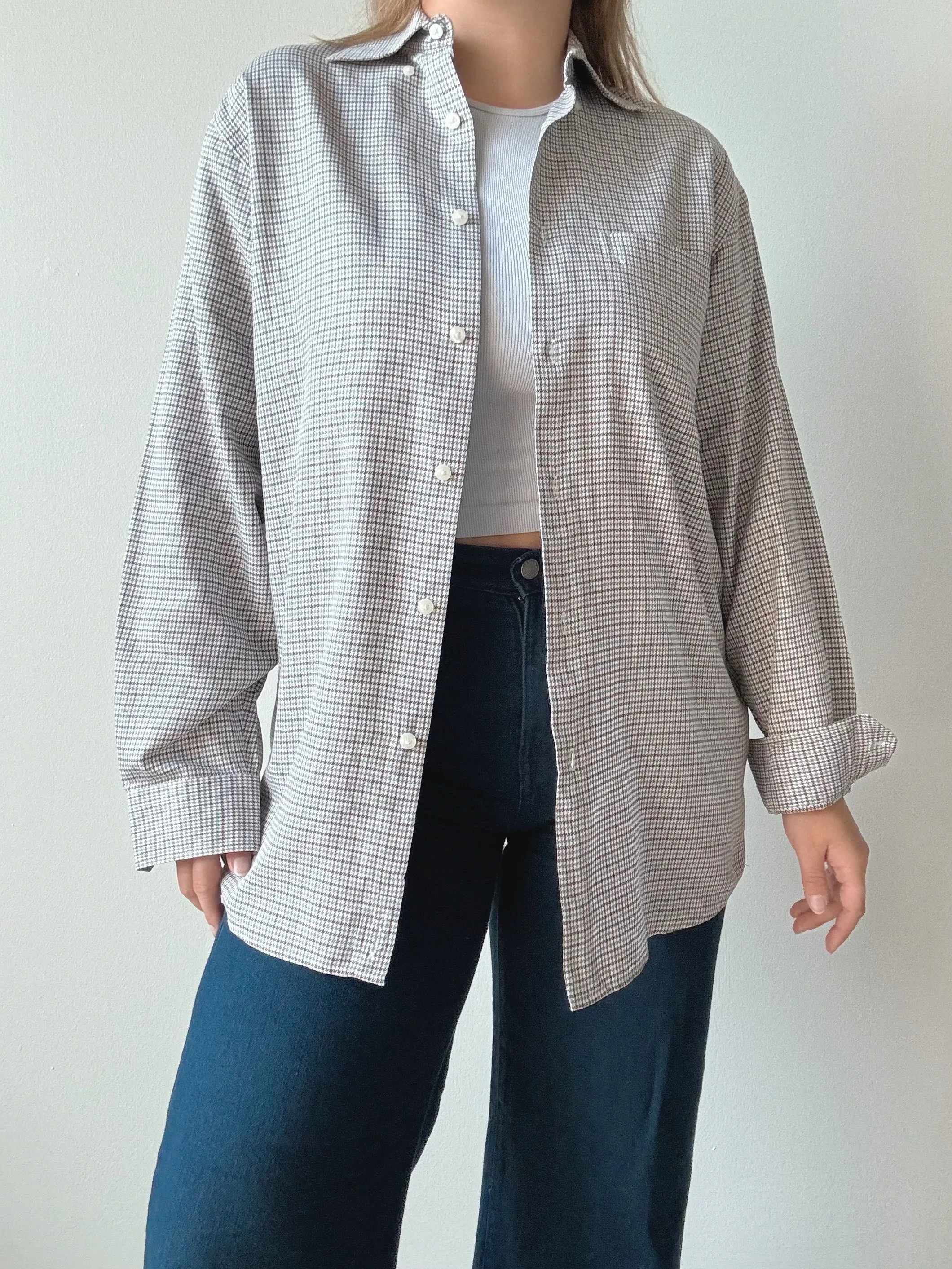 Nordstrom Neutral Houndstooth Cotton Button Down Shirt (S)
