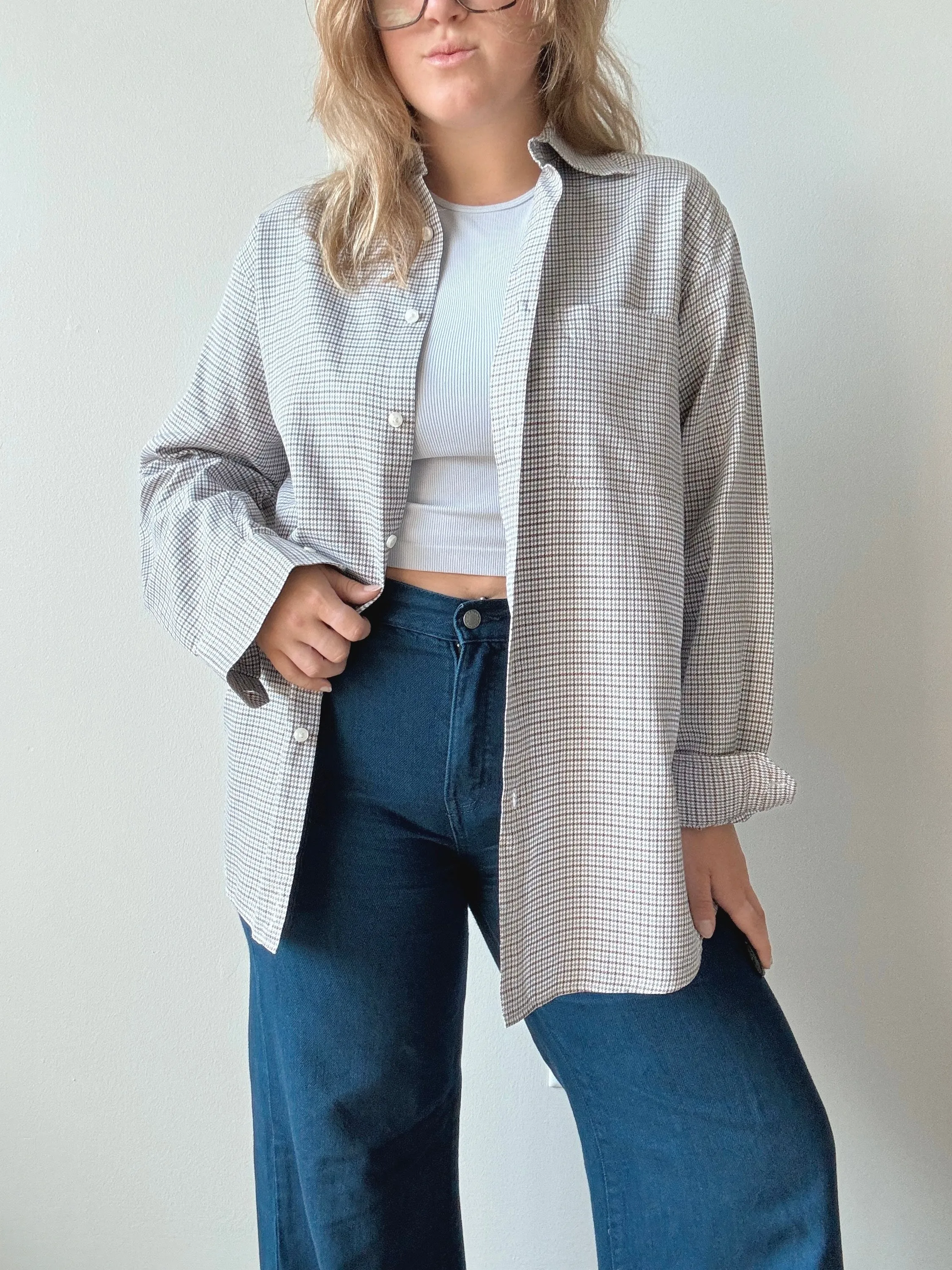 Nordstrom Neutral Houndstooth Cotton Button Down Shirt (S)