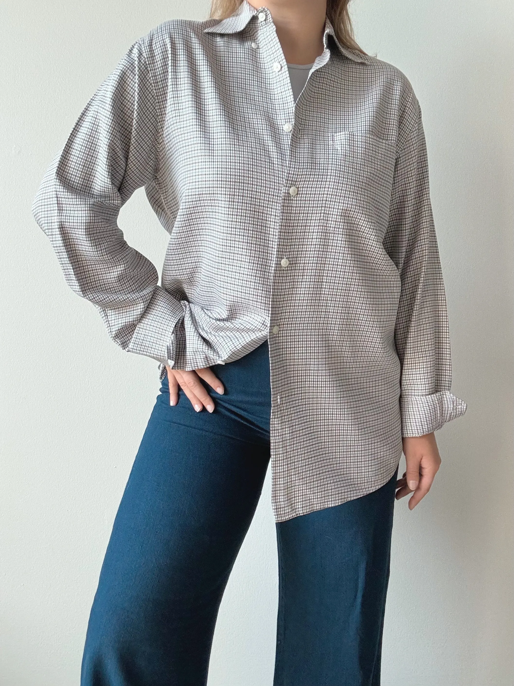 Nordstrom Neutral Houndstooth Cotton Button Down Shirt (S)