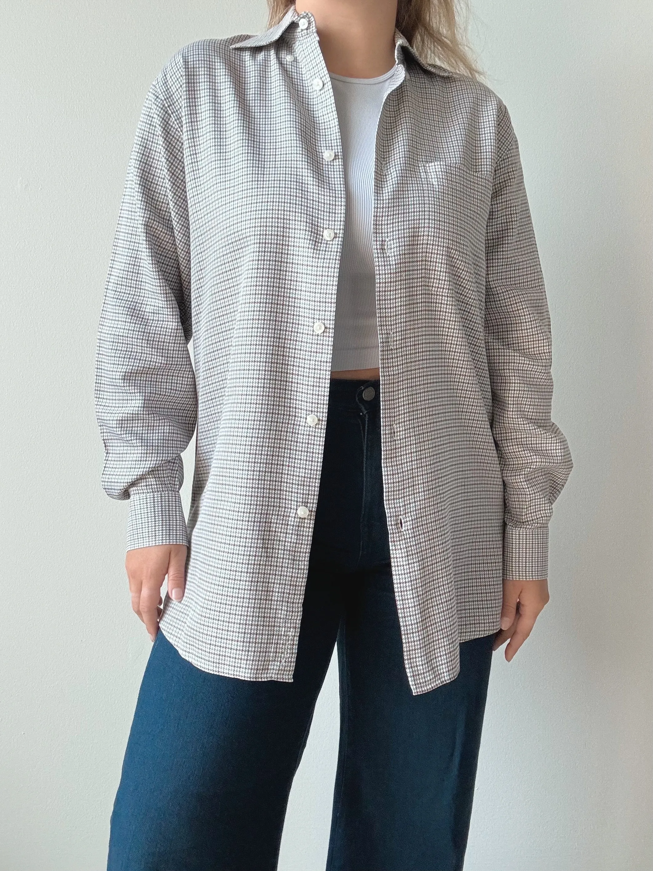 Nordstrom Neutral Houndstooth Cotton Button Down Shirt (S)