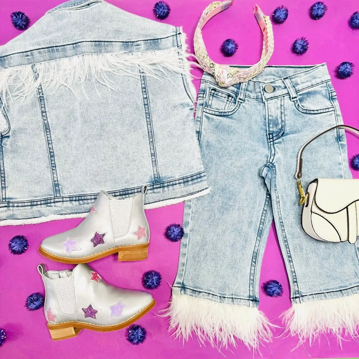 OVERSIZED FEATHER TRIMMED DENIM VEST