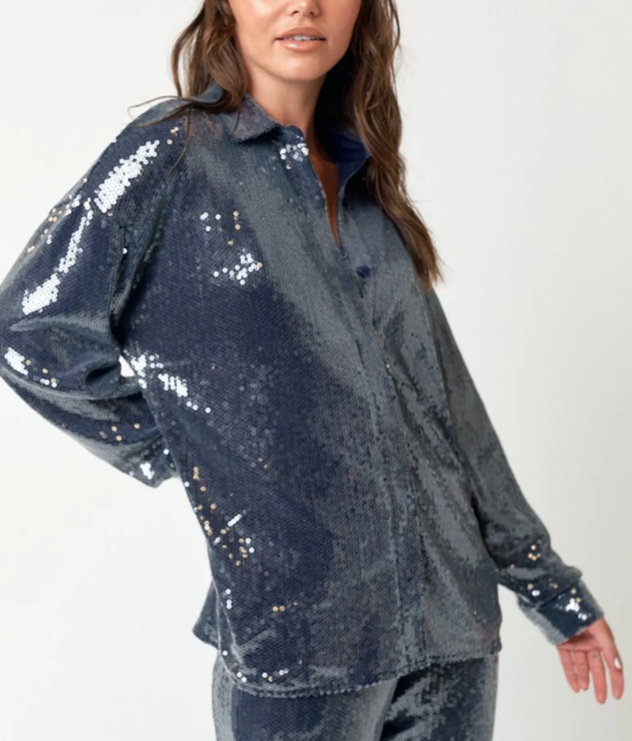 Sequin Mesh Button Down Top