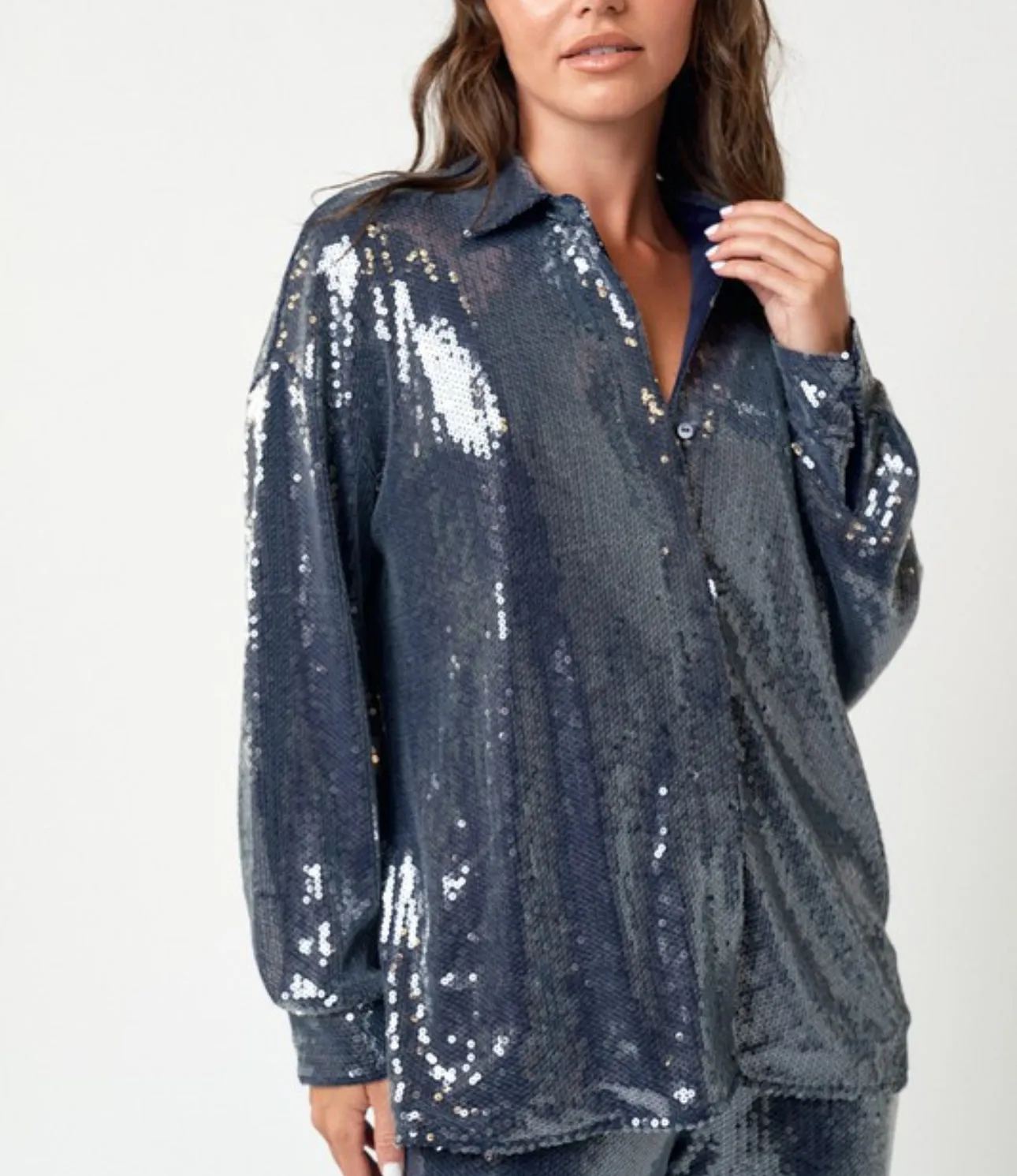 Sequin Mesh Button Down Top