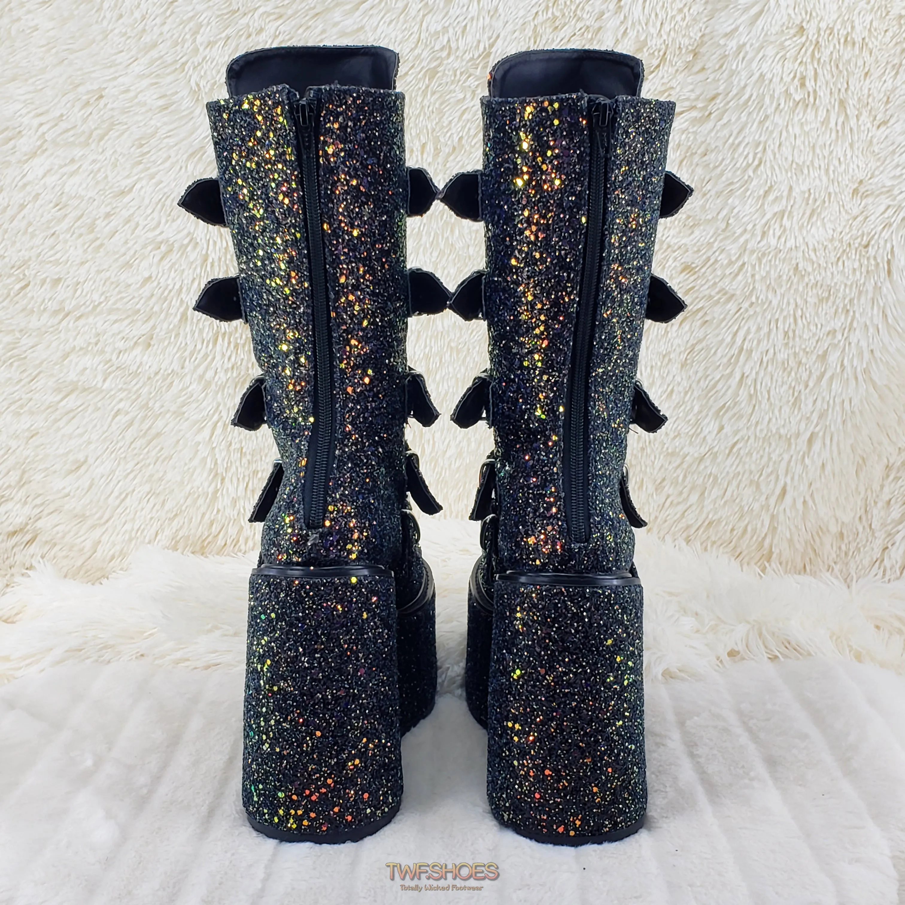 Swing 230G Black Glitter Mid Calf Boot 5.5" Platform Heart Strap Design Goth  - Demonia Direct