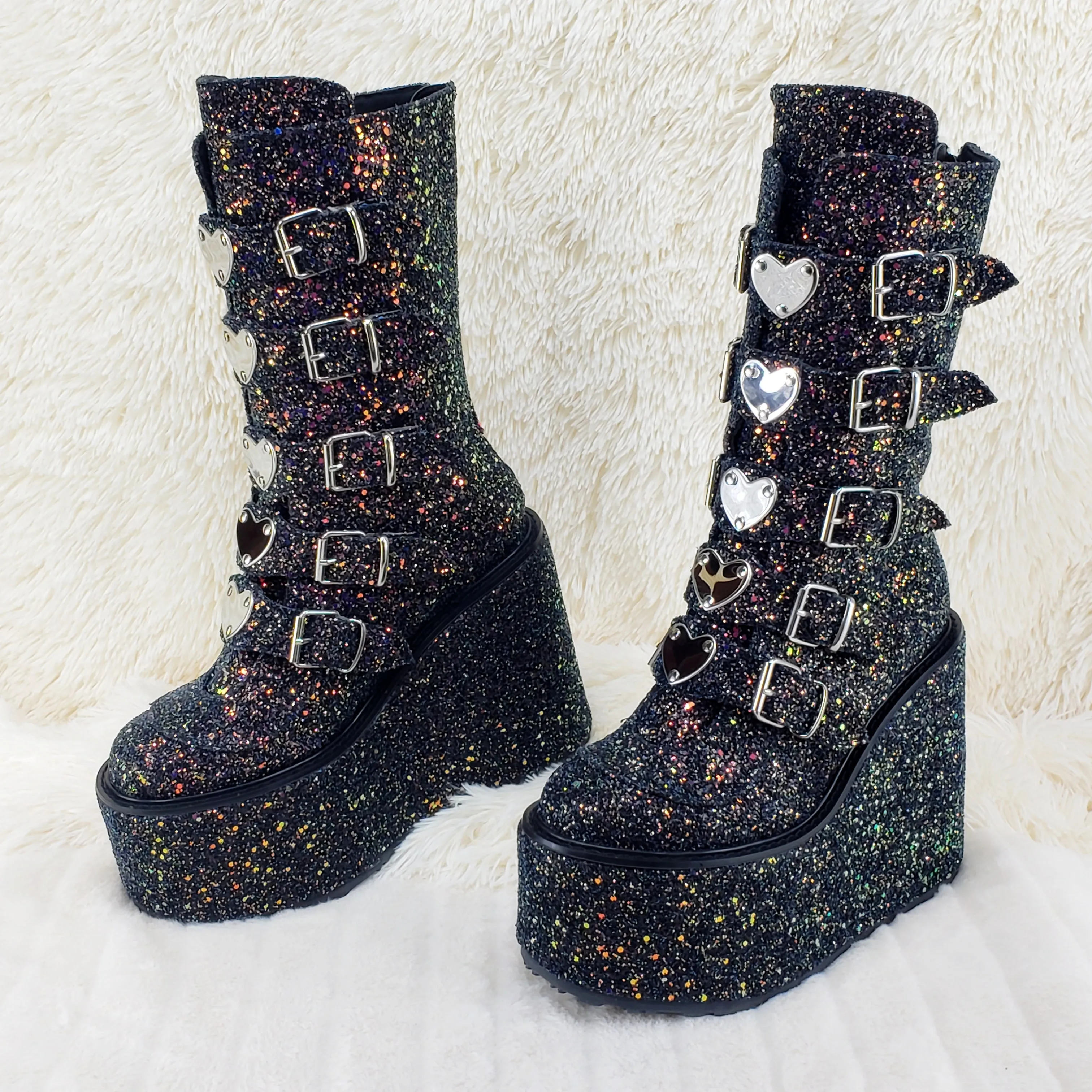 Swing 230G Black Glitter Mid Calf Boot 5.5" Platform Heart Strap Design Goth  - Demonia Direct