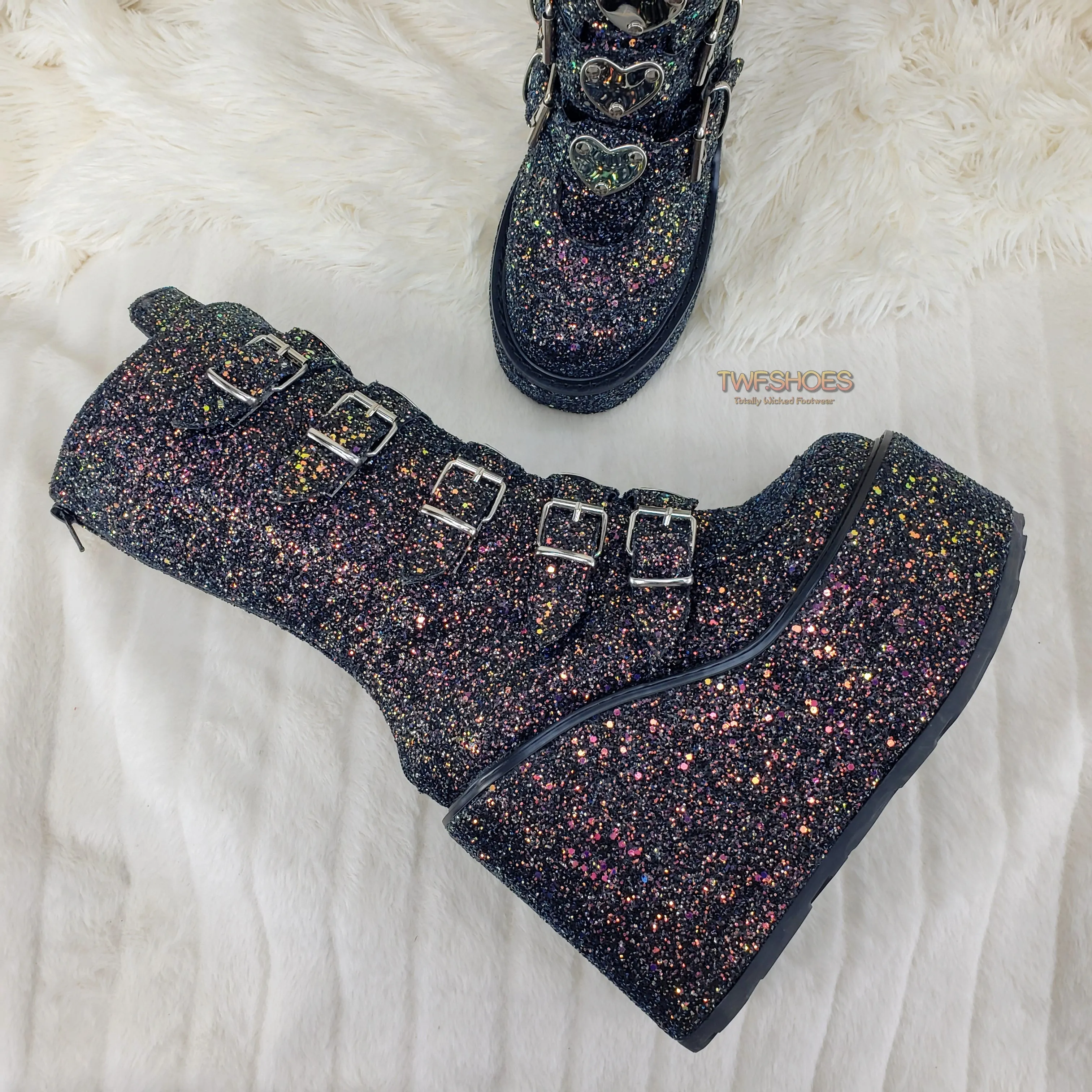 Swing 230G Black Glitter Mid Calf Boot 5.5" Platform Heart Strap Design Goth  - Demonia Direct