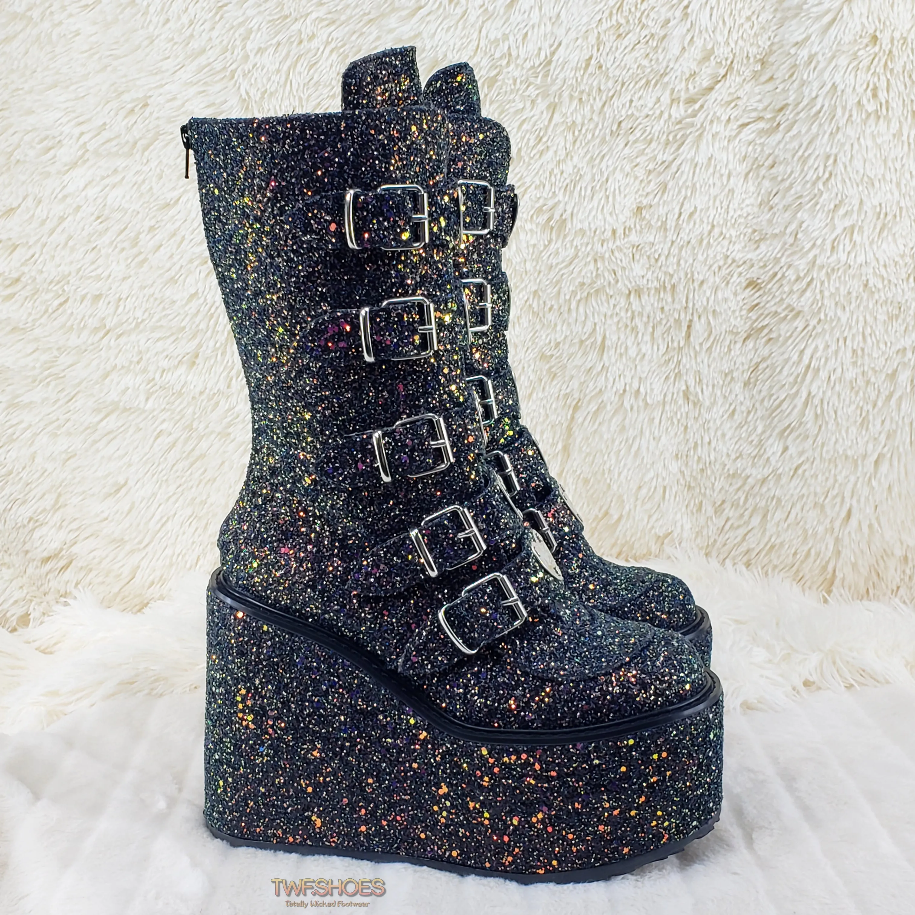 Swing 230G Black Glitter Mid Calf Boot 5.5" Platform Heart Strap Design Goth  - Demonia Direct