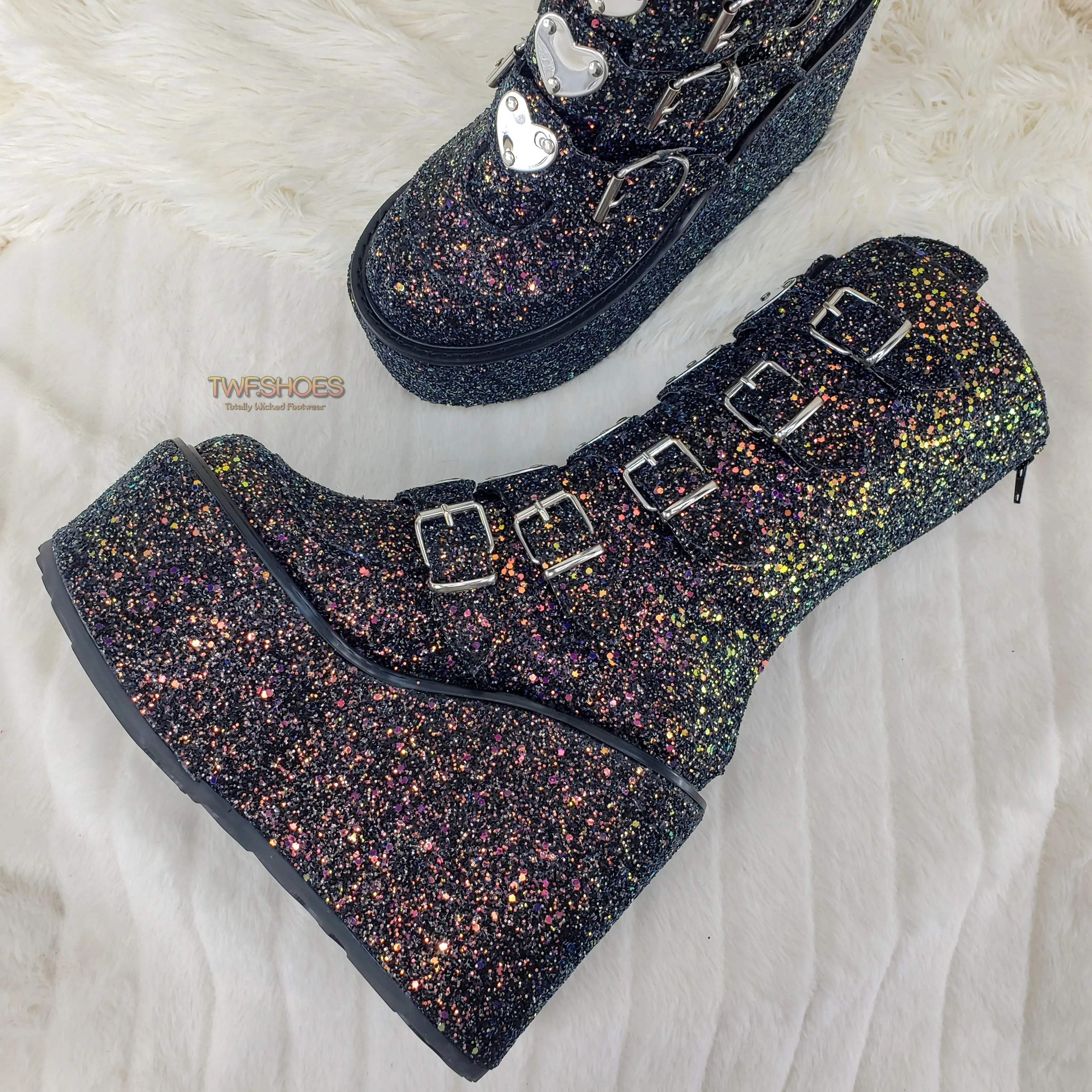 Swing 230G Black Glitter Mid Calf Boot 5.5" Platform Heart Strap Design Goth  - Demonia Direct