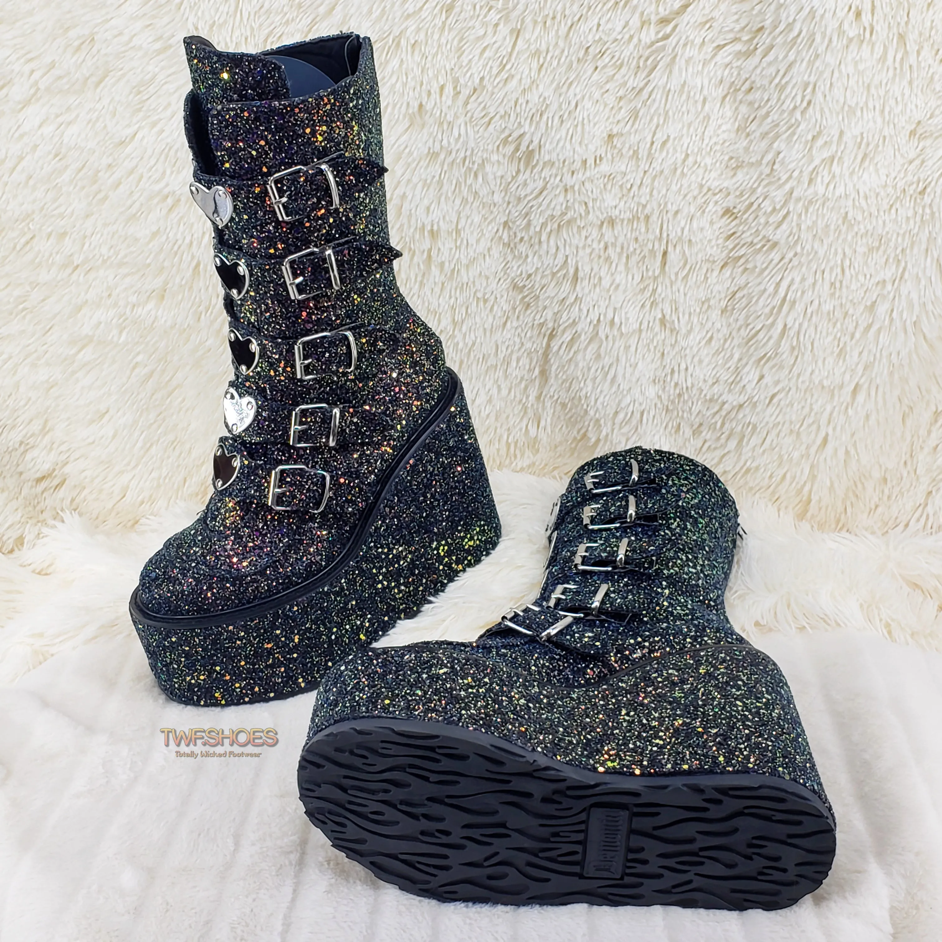 Swing 230G Black Glitter Mid Calf Boot 5.5" Platform Heart Strap Design Goth  - Demonia Direct